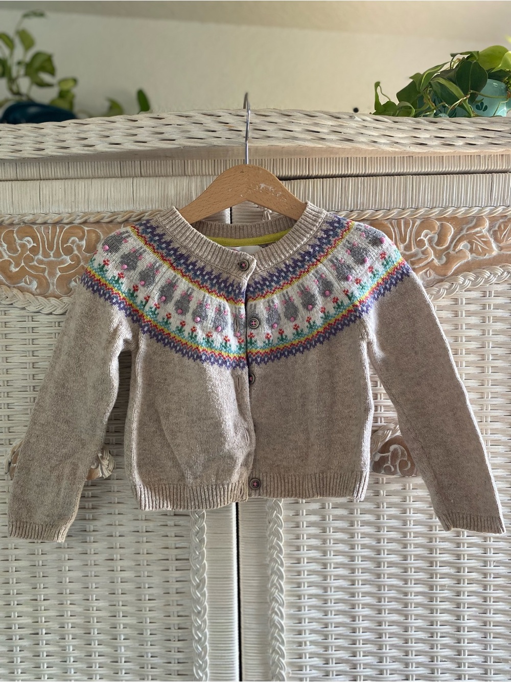 Mini Boden Beige Fair Isle Yoke Cardigan with Bunnies